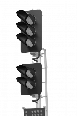 Светофор пятизначный со светодиодными светооптическими системами с маршрутным указателем и трансформаторным ящиком 17945-00-00 ТУ32 ЦШ 2141-2009 (со светодиодными светооптическими системами НКМР.676636.030ТУ)