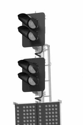 Светофор четырехзначный со светодиодными светооптическими системами с двумя маршрутными указателями и трансформаторным ящиком 17953-00-00 ТУ32 ЦШ 2141-2009 (со светодиодными светооптическими системами НКМР.676636.030ТУ)
